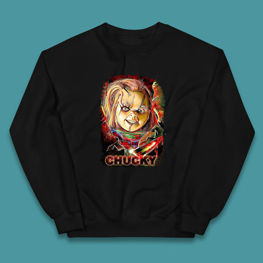 Chucky Distressed Childs Play Horror Monster Creepy Doll Toy Scary Halloween Scary Movie Character Kids Jumper