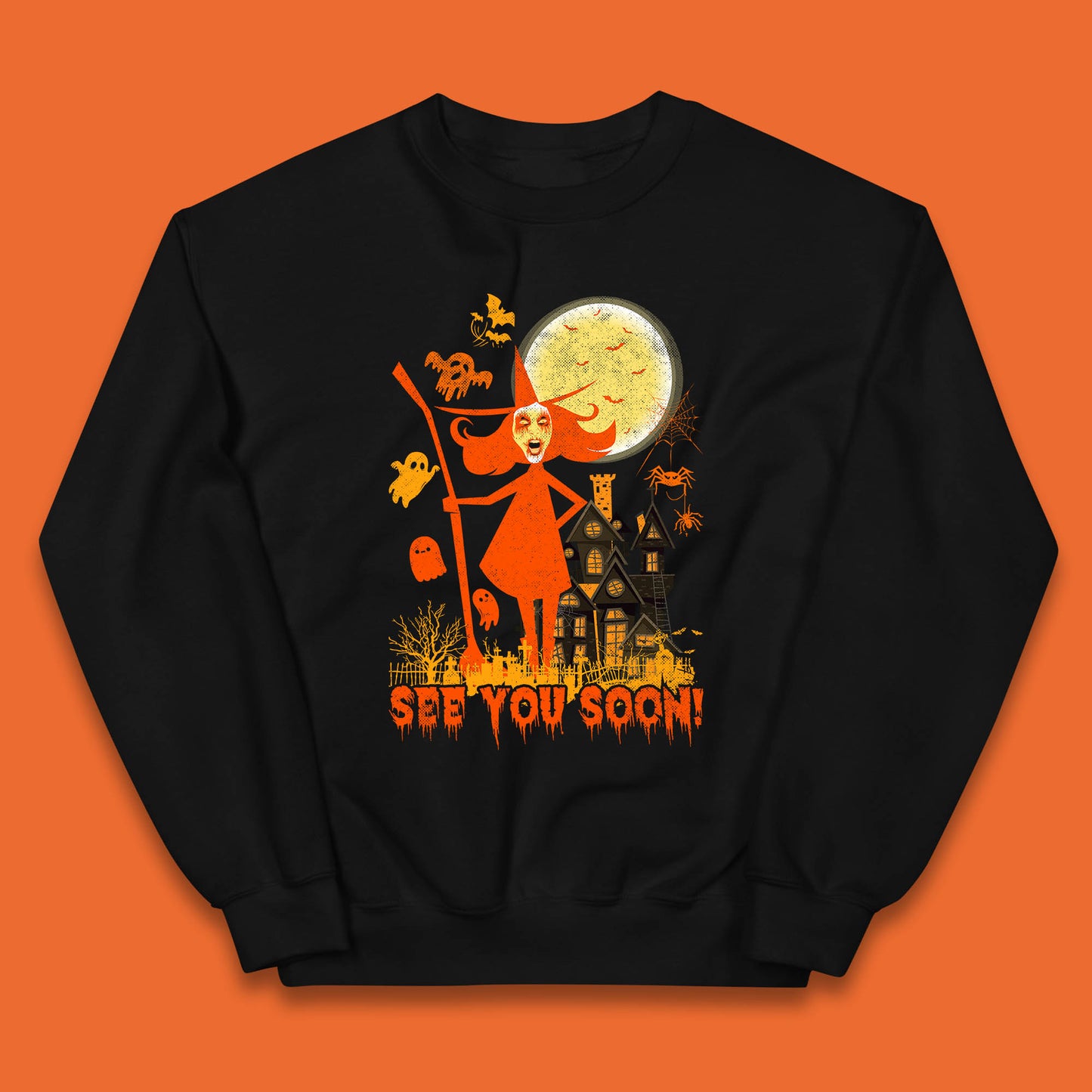 See You Soon Halloween Witch With Broom Horror Scary Haunted House Kids Jumper