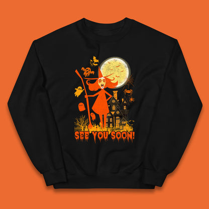 See You Soon Halloween Witch With Broom Horror Scary Haunted House Kids Jumper