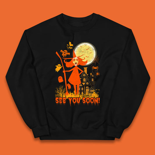 See You Soon Halloween Witch With Broom Horror Scary Haunted House Kids Jumper