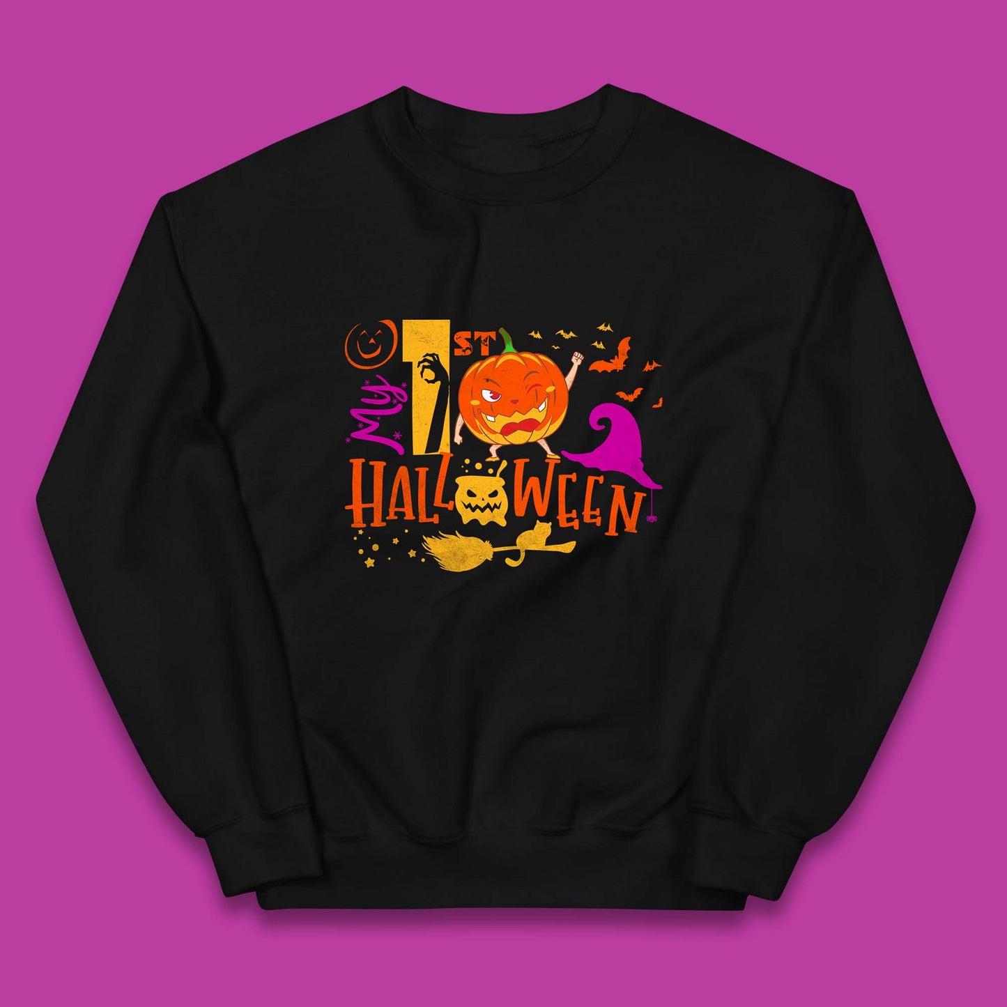 My 1st Halloween Cartoon Halloween Pumpkin Witch Hat Devil Smile Scary Spooky Season Kids Jumper