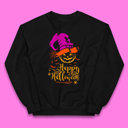 Happy Halloween Witch Hat Pumpkin Horror Scary Jack-o-lantern Flying Bats Kids Jumper