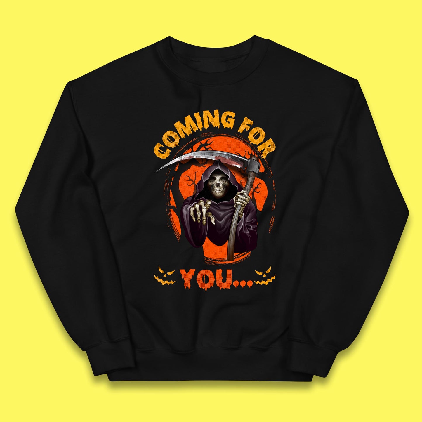 Coming For You Grim Reaper Halloween Skeleton With Scythe Halloween Ghost Kids Jumper
