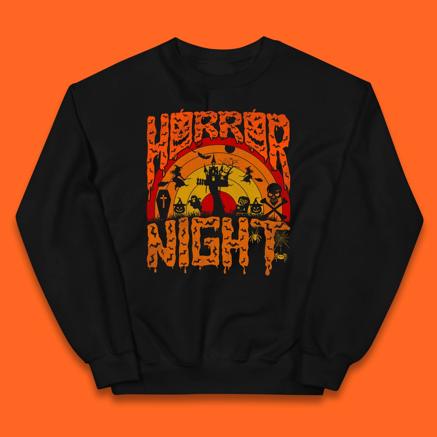 Halloween Horror Night Vintage Rainbow Flying witches Scary Boo Spooky Festive Night Kids Jumper