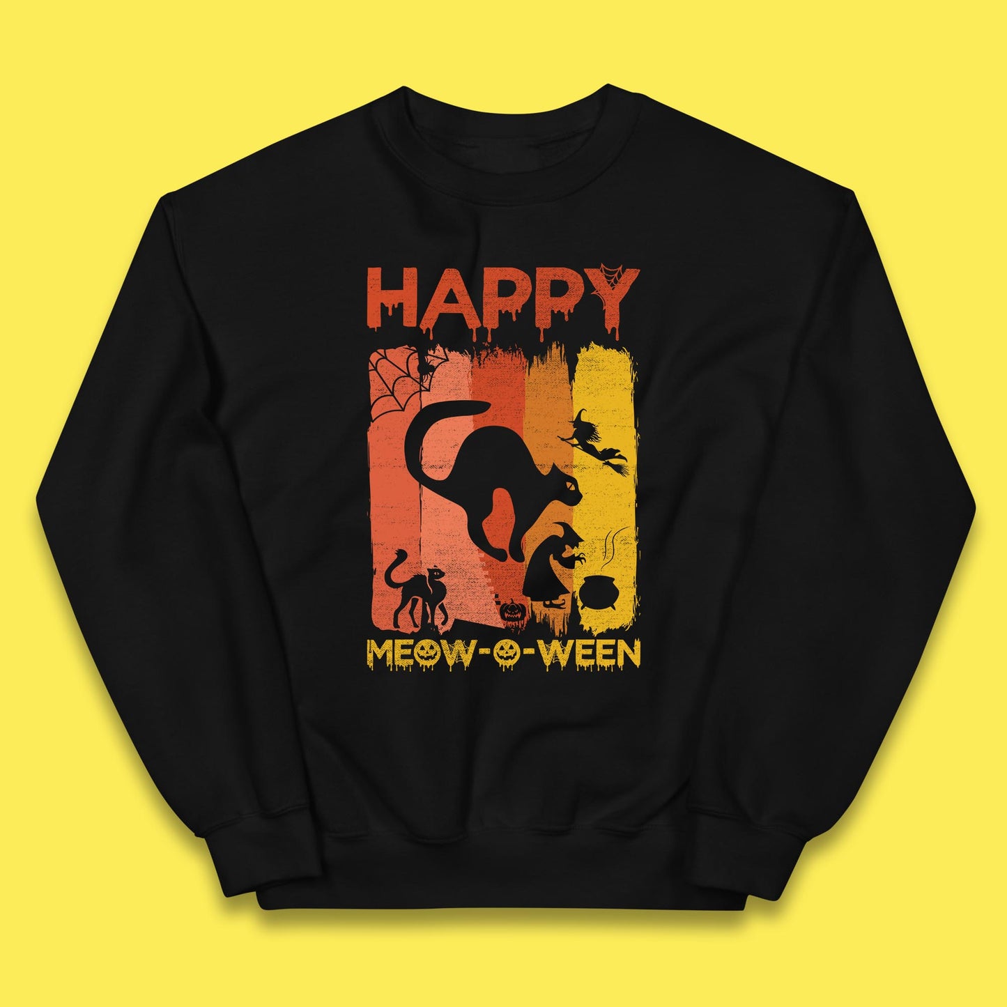 Happy Meow-O-ween Funny Halloween Black Cat Scary Spooky Kids Jumper