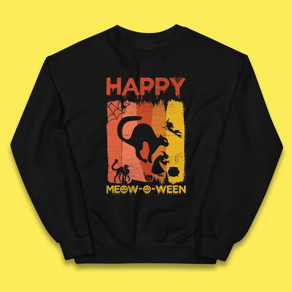 Happy Meow-O-ween Funny Halloween Black Cat Scary Spooky Kids Jumper