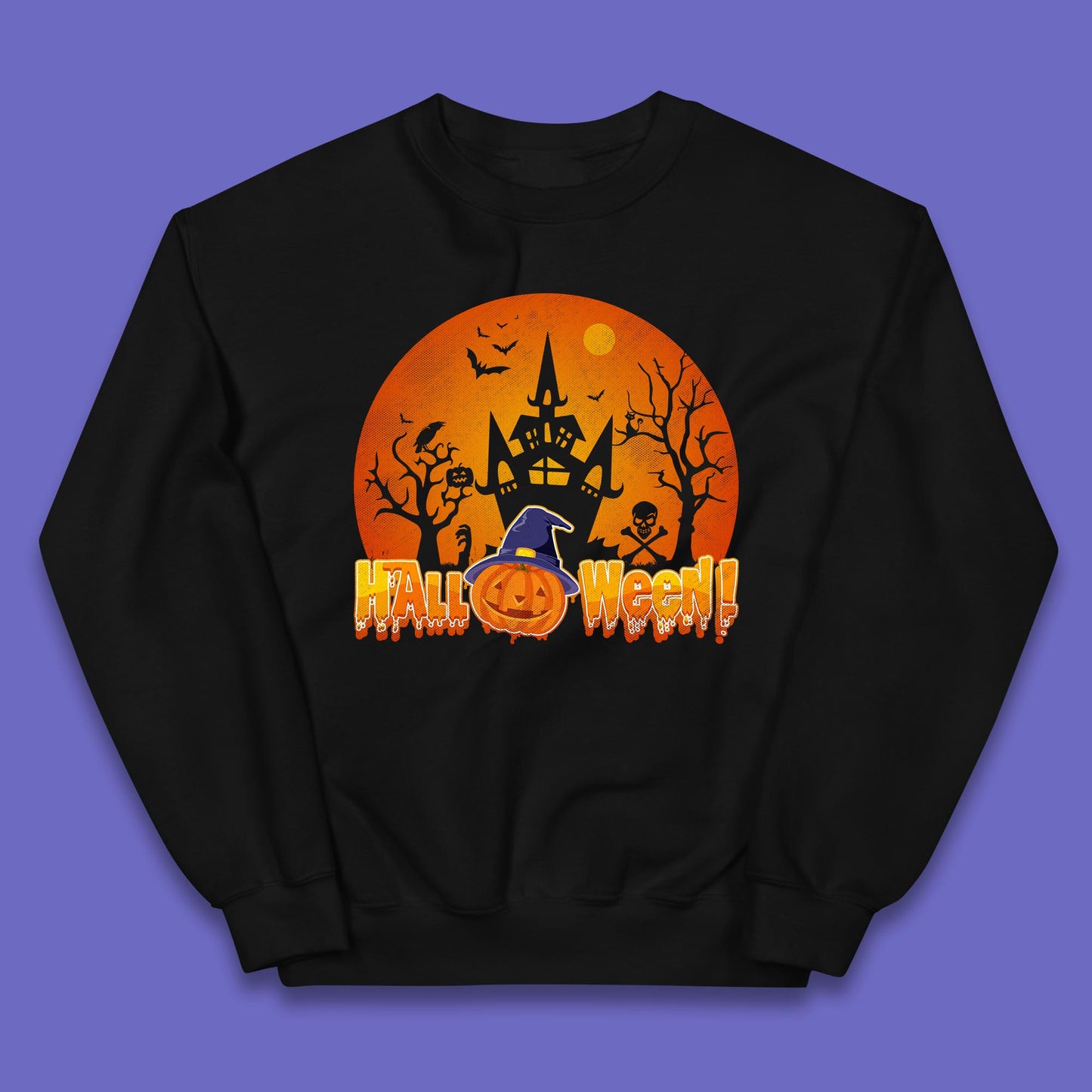 Halloween Pumpkin Witch Hat Haunted Castle Flying Bats Skull Bones Scary Dark Night Kids Jumper
