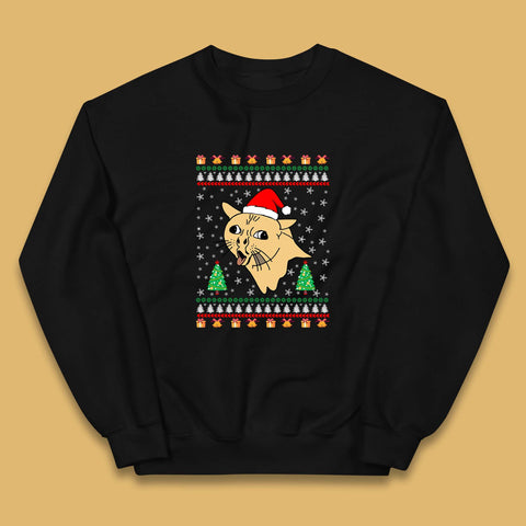 Coughing Cat Meme Ugly Christmas Funny Xmas Cat Coughing & Tongue Out Kids Jumper