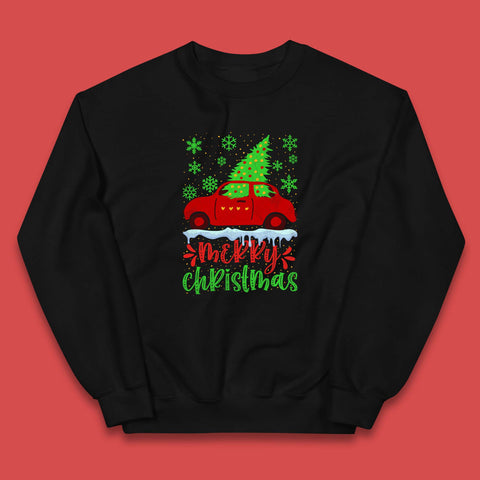 Merry Christmas Red Car With A Christmas Tree Xmas Snow Kids Jumper