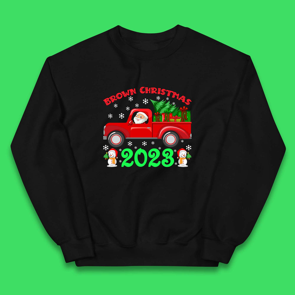 Brown Christmas 2023 Santa Claus Driving Truck With Christmas Tree To Delivery Christmas Gifts Xmas Kids Jumper
