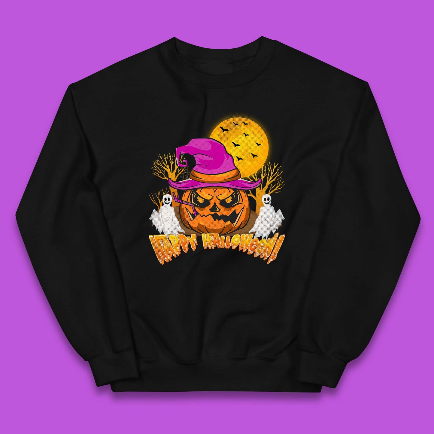 Happy Halloween Pumpkin Witch Hat Jack-o'-lantern With Full Moon Flying Bats Horror Scary Boo Ghost Kids Jumper