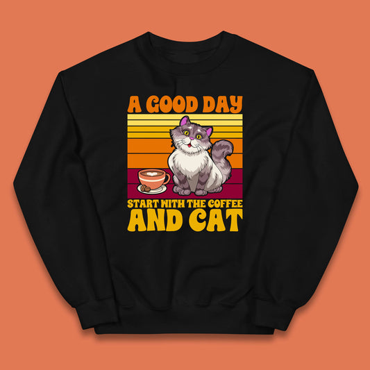 A Good Day Start With The Coffee And Cat Funny Coffee Cats Lovers Kids Jumper
