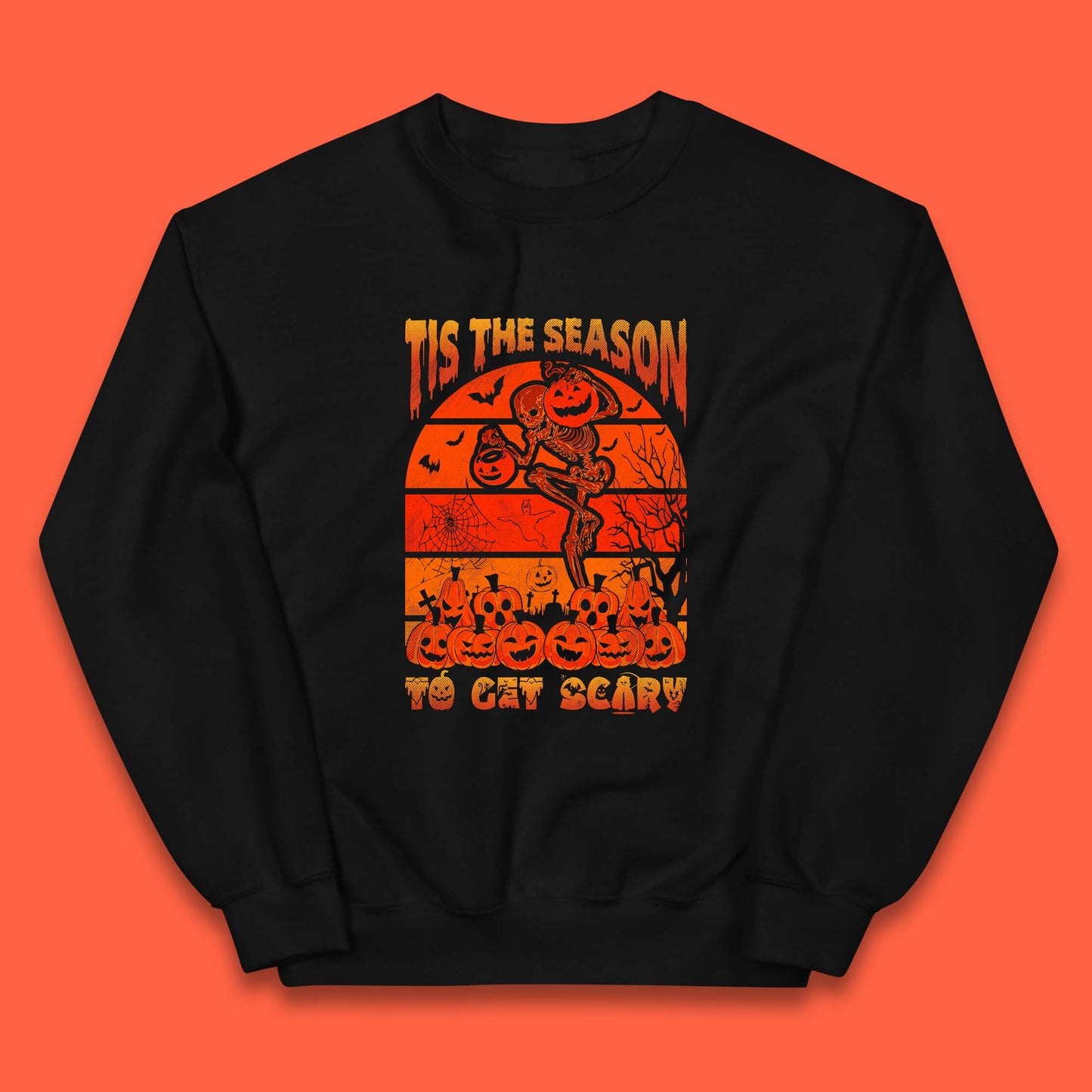 Tis The Season To Get Scary Halloween Skeleton Holding Pumpkin Buckets Spooky Vibes Kids Jumper