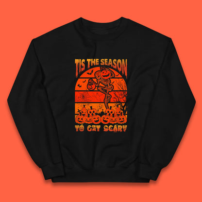 Tis The Season To Get Scary Halloween Skeleton Holding Pumpkin Buckets Spooky Vibes Kids Jumper