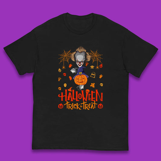 Halloween Trick Or Treat Witch Hat Pumpkin IT Pennywise Clown Horror Scary Movie Fictional Character Kids T Shirt