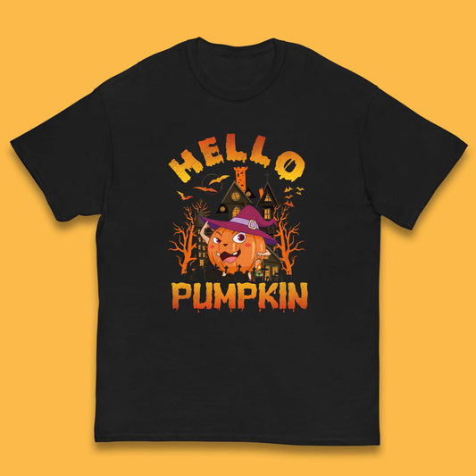 Hello Pumpkin Cartoon Halloween Pumpkin With Witch Hat Devil Smile Haunted Castle Kids T Shirt