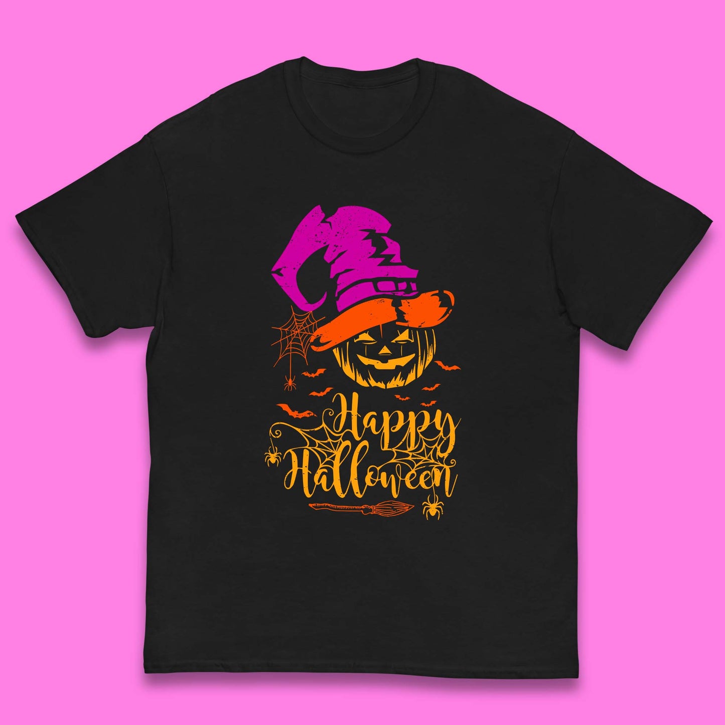 Happy Halloween Witch Hat Pumpkin Horror Scary Jack-o-lantern Flying Bats Kids T Shirt
