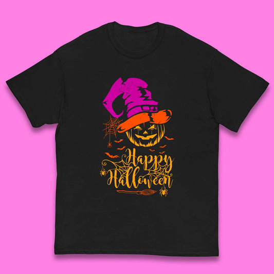 Happy Halloween Witch Hat Pumpkin Horror Scary Jack-o-lantern Flying Bats Kids T Shirt