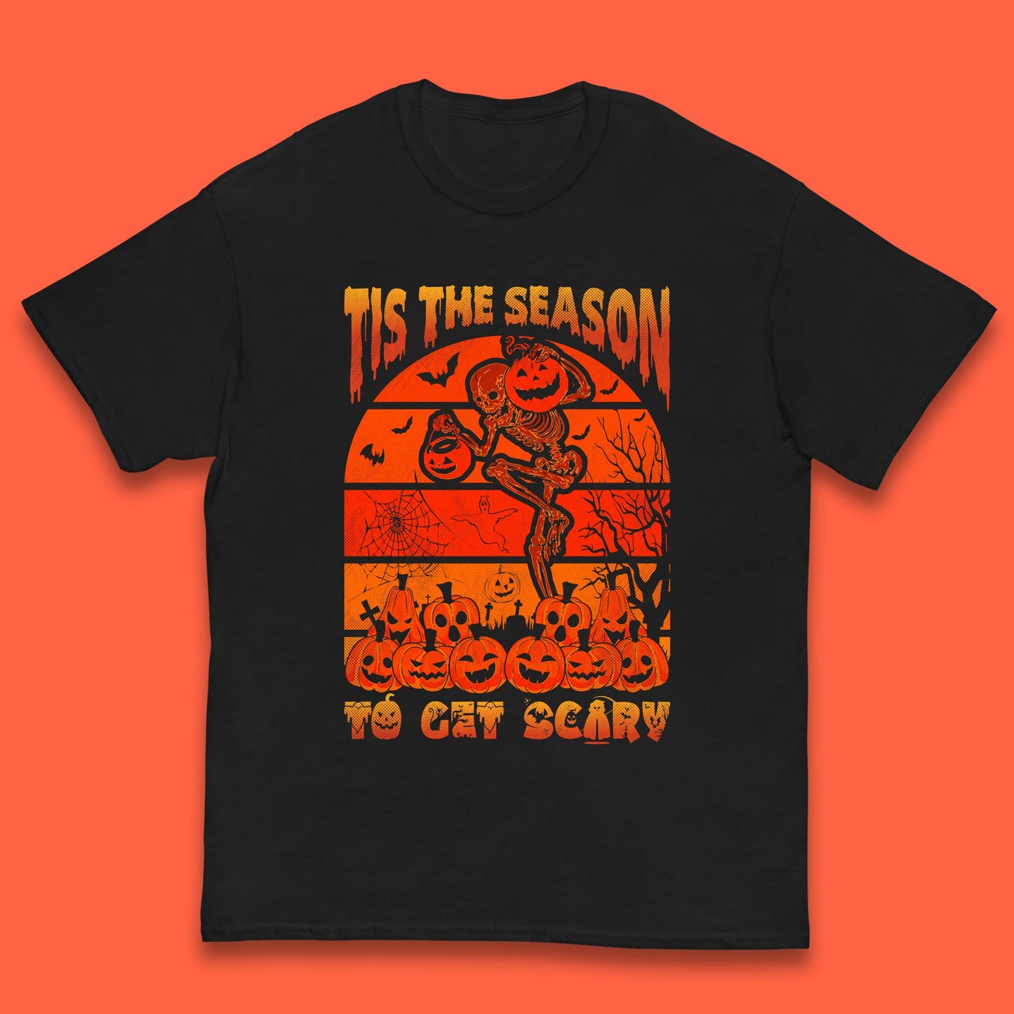 Tis The Season To Get Scary Halloween Skeleton Holding Pumpkin Buckets Spooky Vibes Kids T Shirt