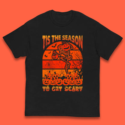Tis The Season To Get Scary Halloween Skeleton Holding Pumpkin Buckets Spooky Vibes Kids T Shirt