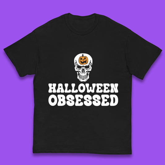 Skull Pumpkin Halloween Obsessed Funny Pumpkin Obsessed Party Spooky Season Kids T Shirt