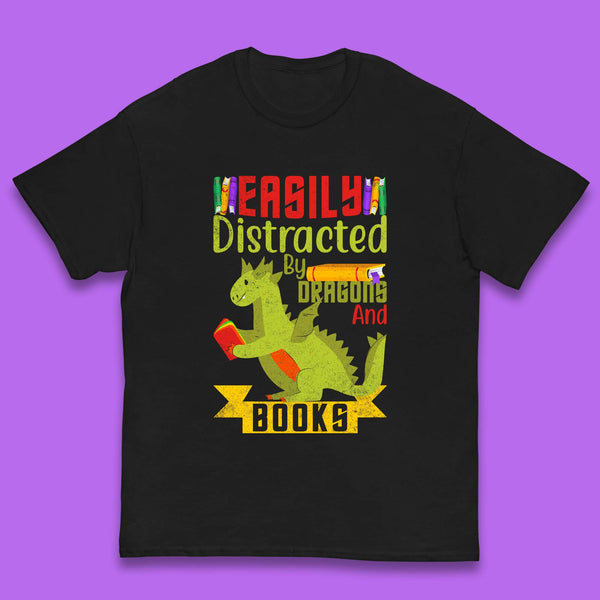 Easily Distracted By Dragons & Books Kids T-Shirt