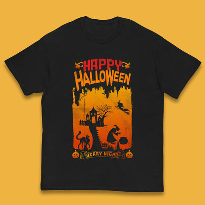 Happy Halloween Horror Hunted House Flying Witch Scary Spooky Night Kids T Shirt