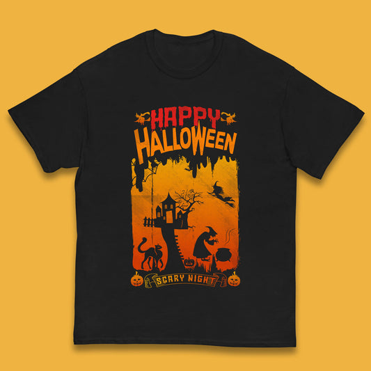 Happy Halloween Horror Hunted House Flying Witch Scary Spooky Night Kids T Shirt