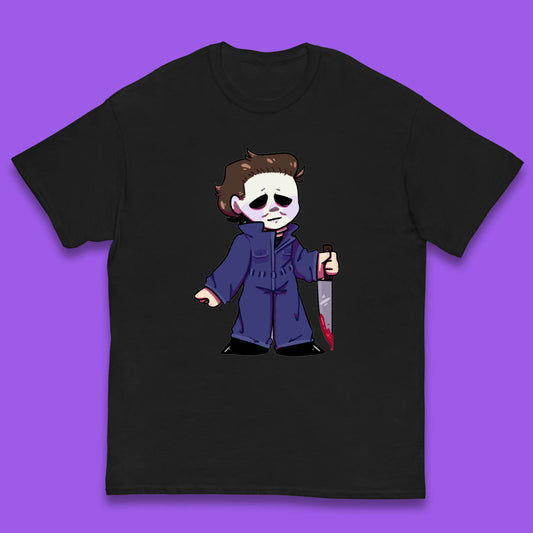 Chibi Michael Myers Holding Bloody Knife Halloween Serial Killer Horror Movie Character Kids T Shirt