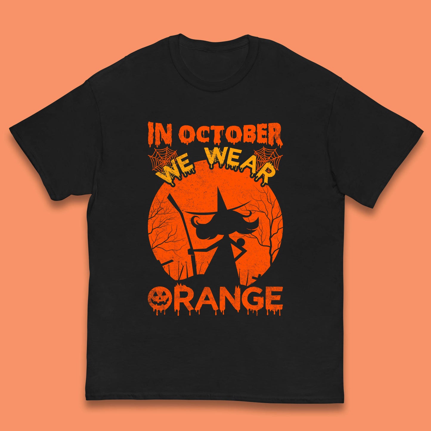 In October We Wear Orange Funny Quote Scary Witch With Broom Halloween Costume October Festive Kids T Shirt