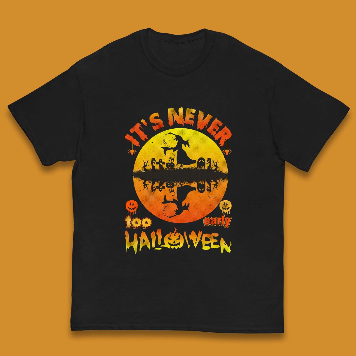 It's Never Too Early Halloween Witch Flying On Broomstick Over Lake Scary Spooky Season Kids T Shirt
