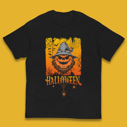 Angry Halloween Scary Evil Pumpkin Funny Pumpkin Head With Fire Eyes Scary Spooky Season Kids T Shirt