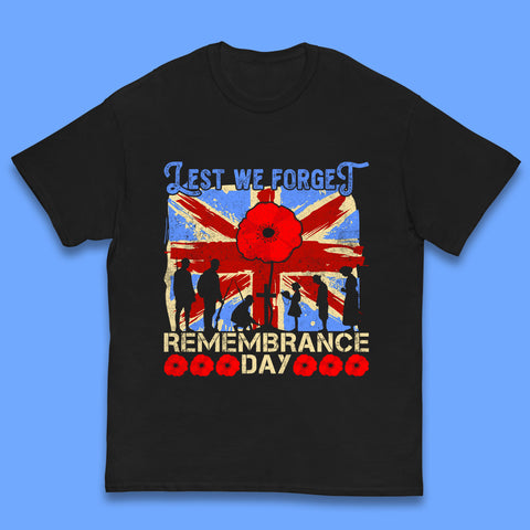 Lest We Forget British Armed Forces Union Jack Remembrance Day Poppy Uk Flag Royal Army Soldier Patriotic Kids T Shirt