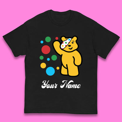 Personalised Spotty Pudsey Bear Hand Waving Dotty Spot Your Name Fundraising Spotty Bear Spotty Day Kids T Shirt