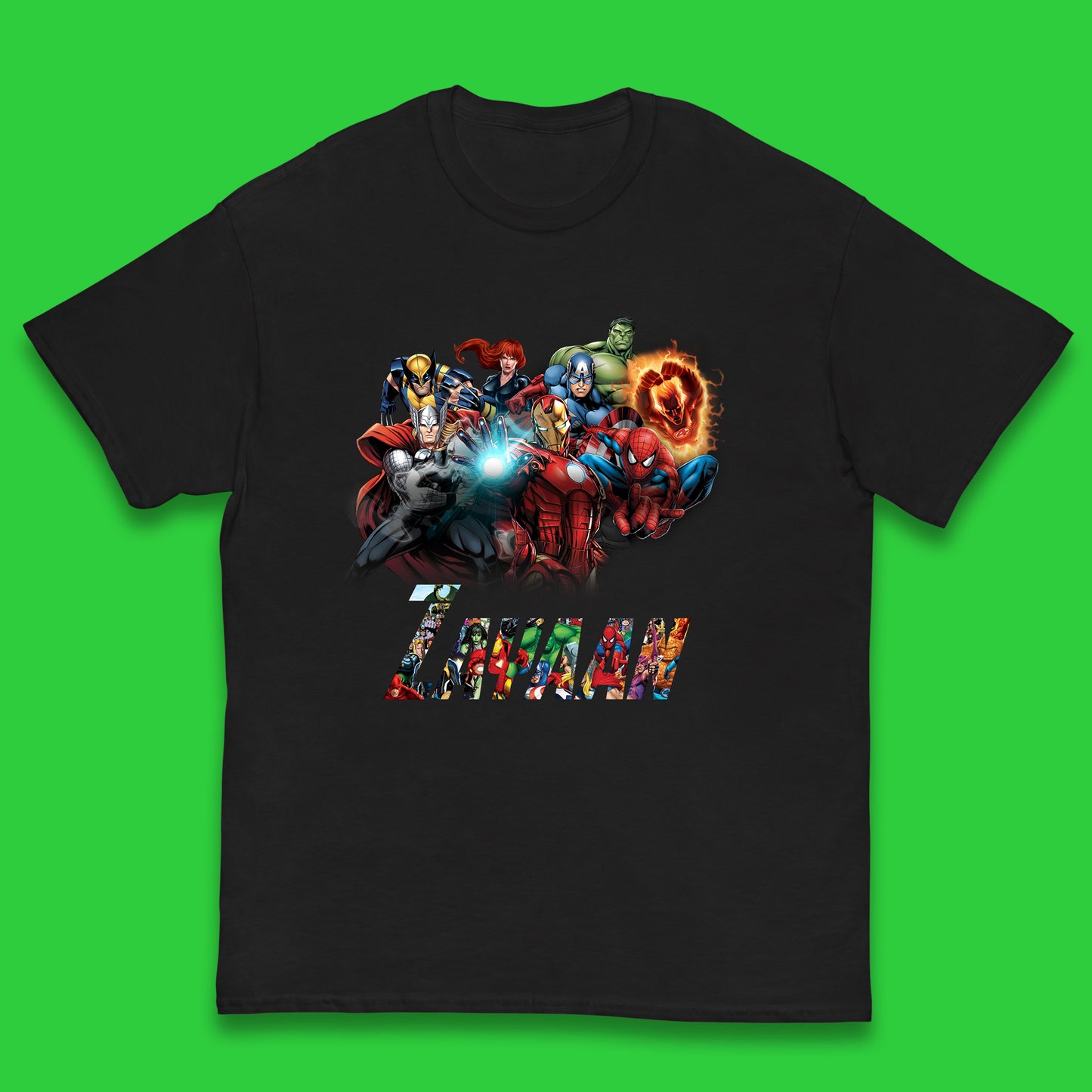 Personalised Marvel Avengers Super Heroes Movie Characters Spider Man, Black Widow, Hulk, Iron Man, Thor, Captain America Avengers Squad Kids T Shirt