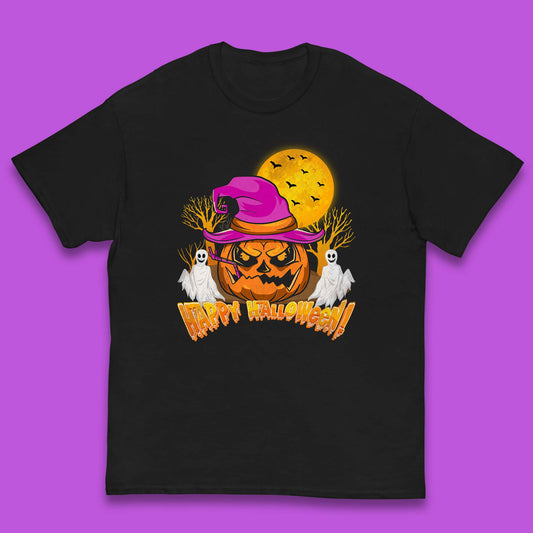 Happy Halloween Pumpkin Witch Hat Jack-o'-lantern With Full Moon Flying Bats Horror Scary Boo Ghost Kids T Shirt