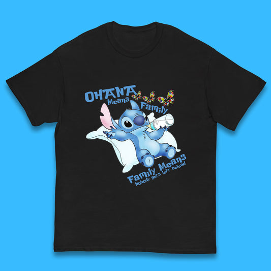 Disney Ohana Means Family, Family Means Nobody Gets Left Behind Ohana Lilo & Stitich Stitch Drinking Milk Form Feeder Autism Awareness Kids T Shirt
