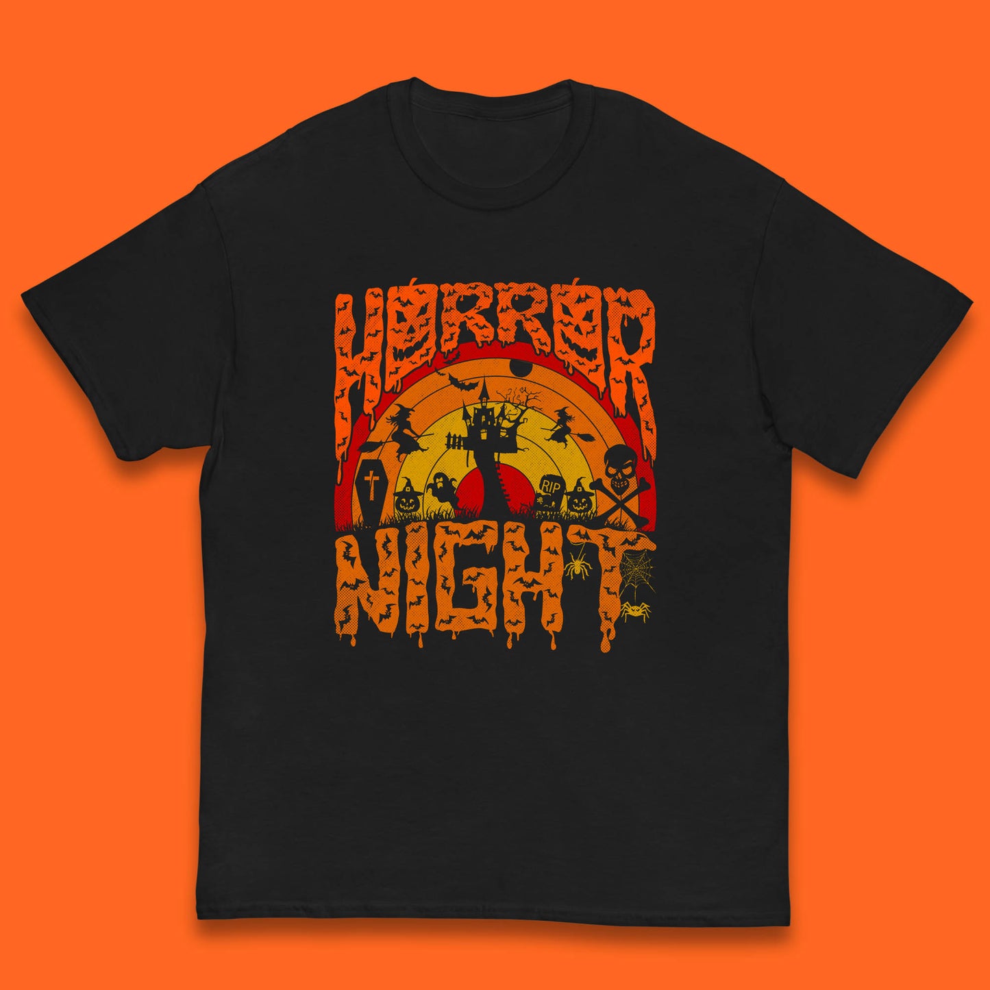Halloween Horror Night Vintage Rainbow Flying witches Scary Boo Spooky Festive Night Kids T Shirt