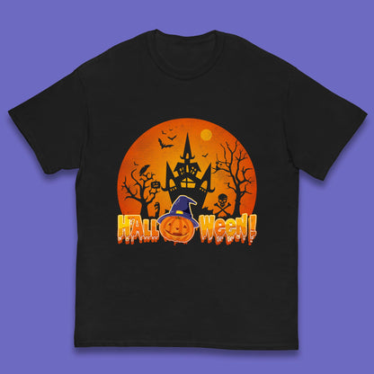 Halloween Pumpkin Witch Hat Haunted Castle Flying Bats Skull Bones Scary Dark Night Kids T Shirt