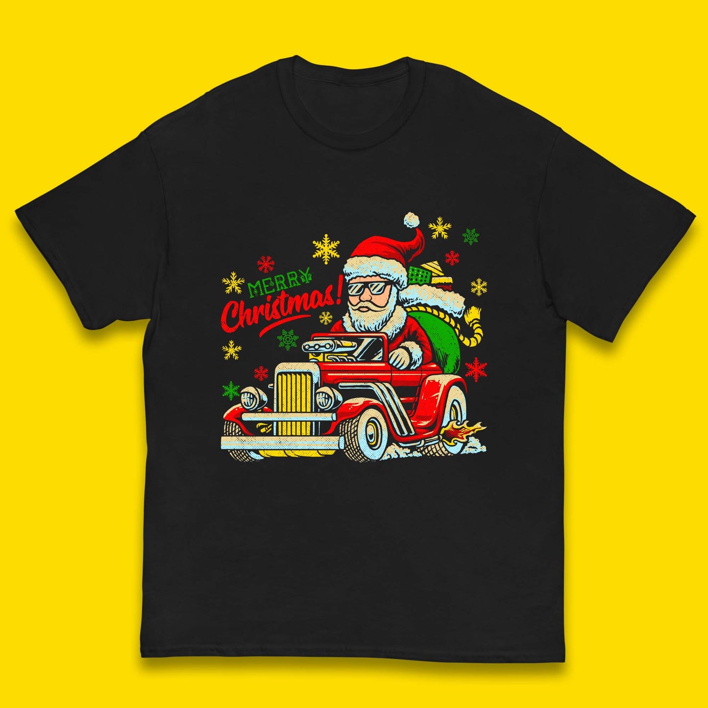 santa drives a hot rod car kids t shirt