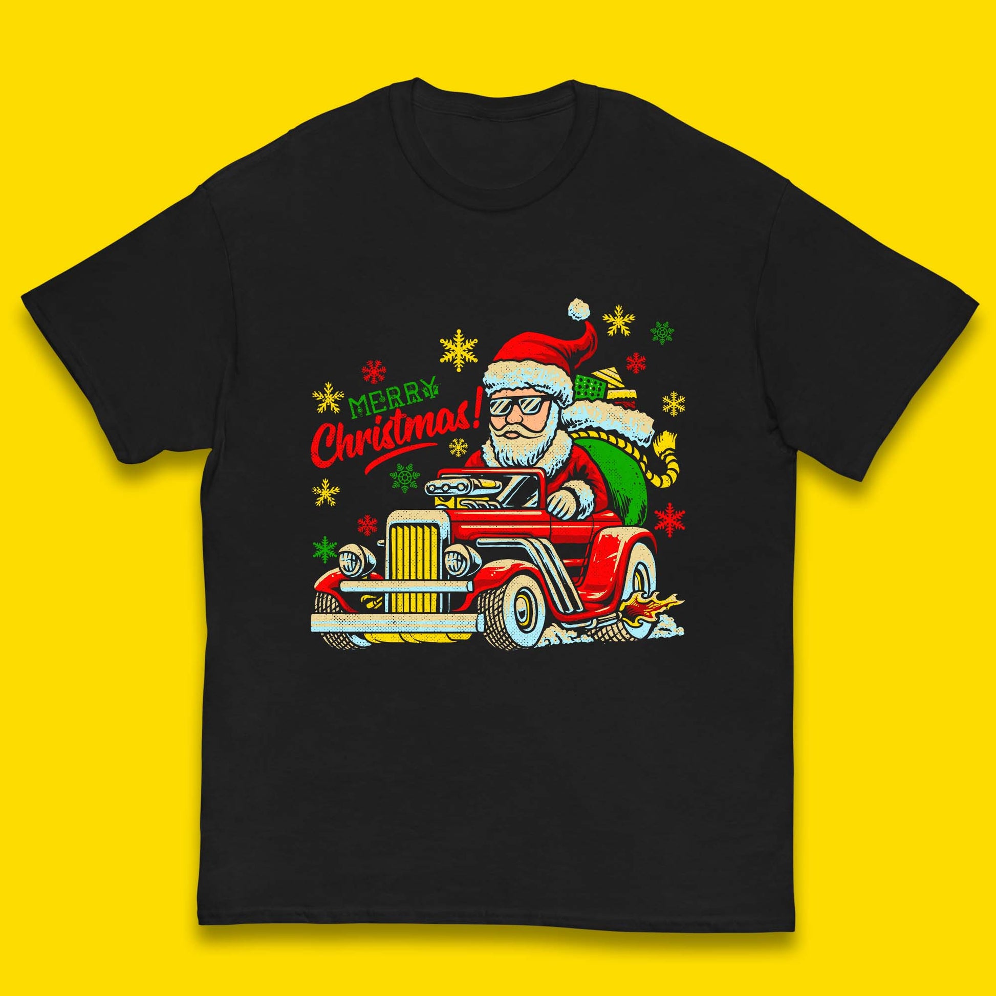 santa drives a hot rod car kids t shirt
