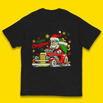 santa drives a hot rod car kids t shirt