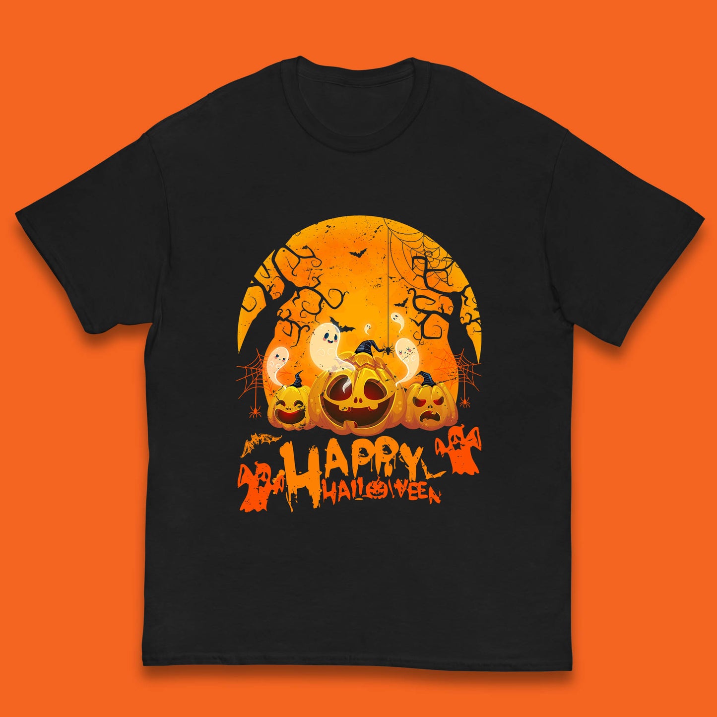 Happy Halloween Jack O Lantern Pumpkins Scary Boo Ghost Haunted Trees Kids T Shirt