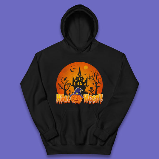 Halloween Pumpkin Witch Hat Haunted Castle Flying Bats Skull Bones Scary Dark Night Kids Hoodie