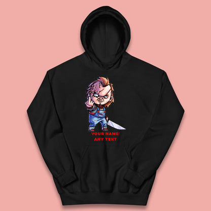 Personalised Chucky With Knife Your Name Or Text Halloween Horror Movie Character Kids Hoodie