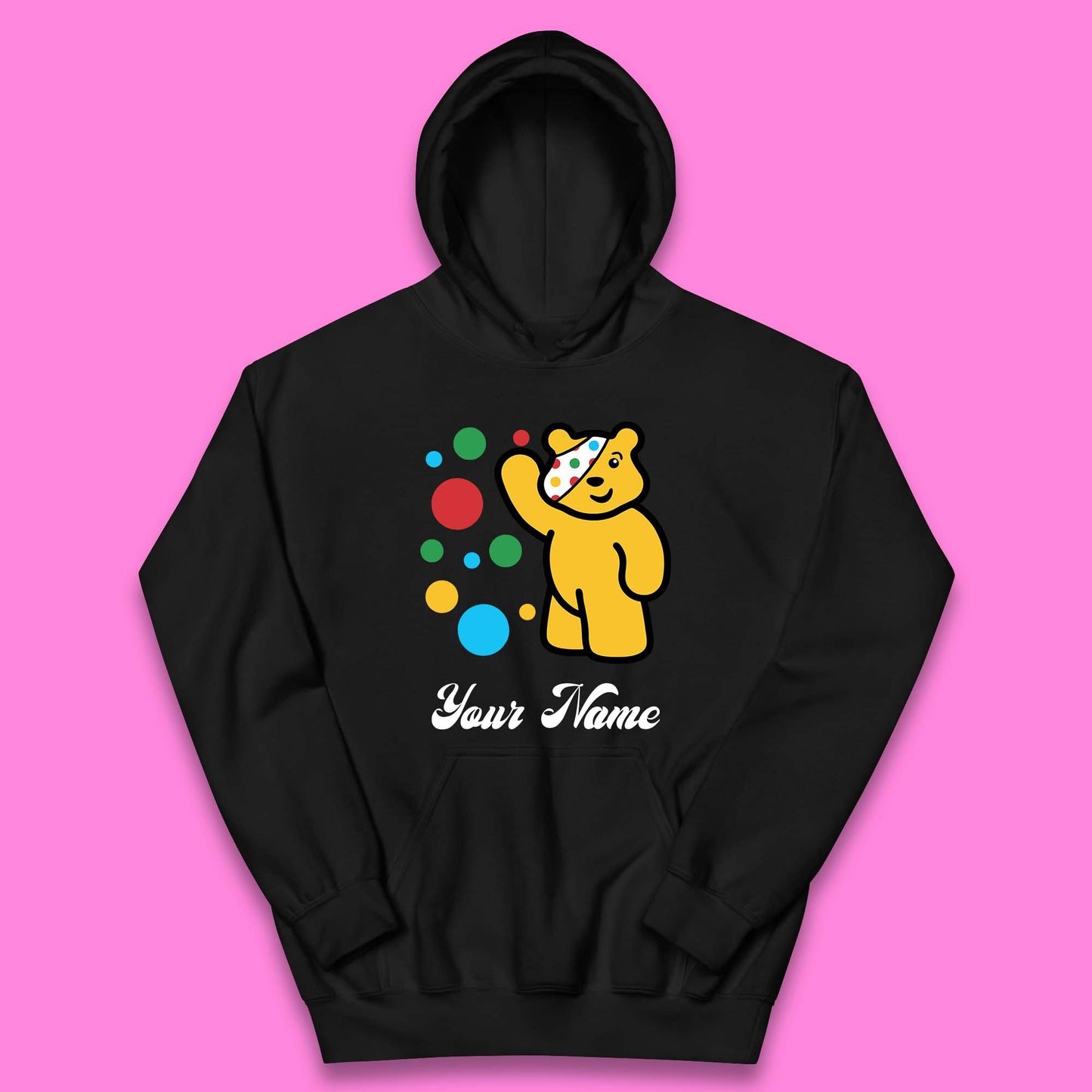 Personalised Spotty Pudsey Bear Hand Waving Dotty Spot Your Name Fundraising Spotty Bear Spotty Day Kids Hoodie