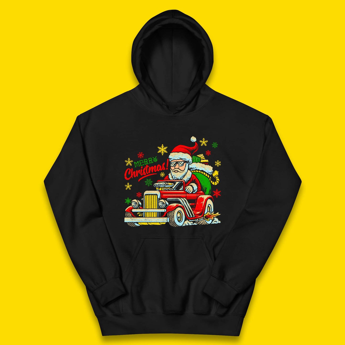 santa drives a hot rod car kids hoodie