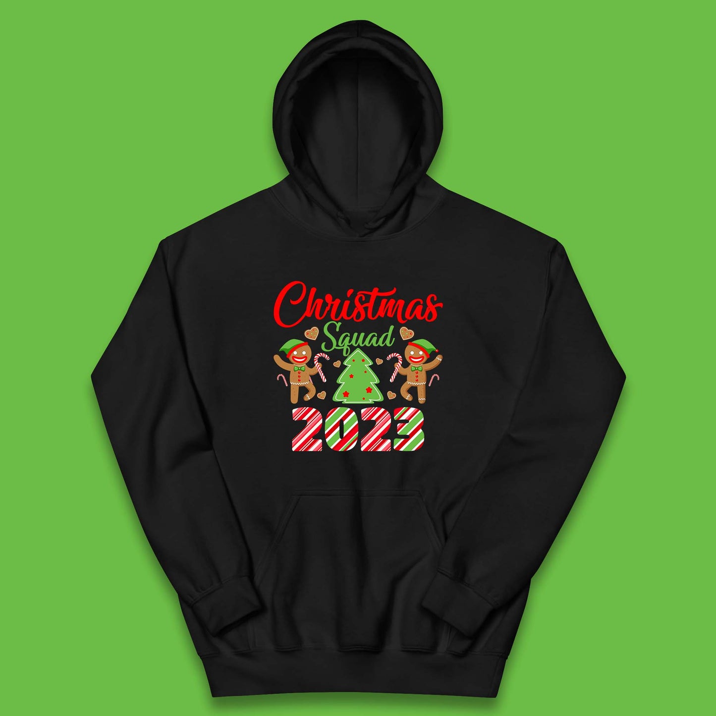 Christmas Squad 2023 Christmas Tree Xmas Gingerbread Man with Candy Cane Kids Hoodie