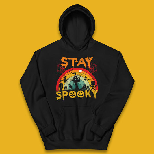 Stay Spooky Vintage Halloween Hunted House Dark Night Full Moon And Flying Bats Kids Hoodie