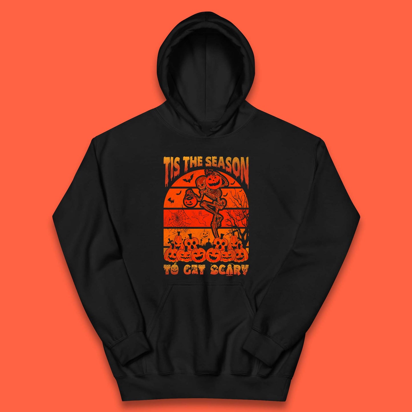 Tis The Season To Get Scary Halloween Skeleton Holding Pumpkin Buckets Spooky Vibes Kids Hoodie